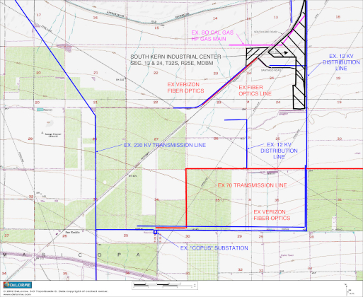 map of electrical & gas utility lines onsite and connections to substations and transmission lines